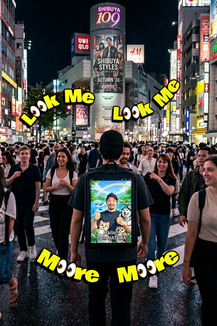 写真：夕暮れの渋谷を歩くスタッフ（背中のディスプレイが点灯）