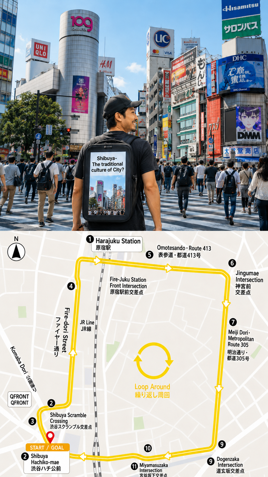 渋谷スクランブル交差点を歩くスタッフと、渋谷の巡回ルート地図